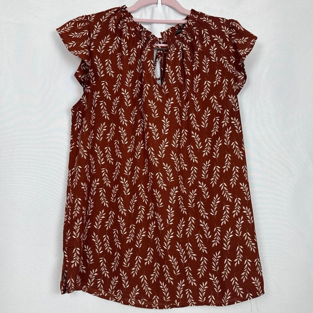 Papermoon Womens Ruffle Sleeve Leaf Print Top Size Large Rust Boho Everyday